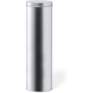 A silver cylindrical tin with a removable lid, designed for pen packaging. It features a smooth metallic finish.