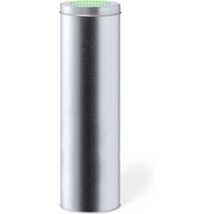 A silver cylindrical box with a circular green top, designed for packaging pens. It features a logo.