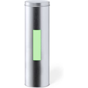 A silver cylindrical gift box with a green transparent window, designed for pen packaging.