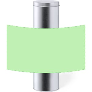 A silver cylindrical tin with a green label, designed for pen packaging. It has a branding logo on the surface.