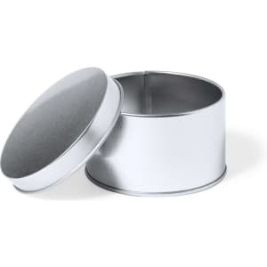 A silver tin box with a removable lid, featuring a smooth, shiny finish.
