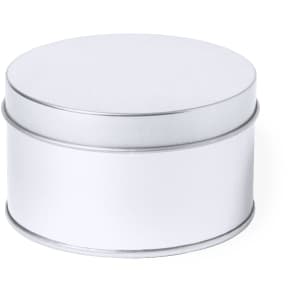 A round, white tin container with a silver lid, suitable for packaging pens or other small items.