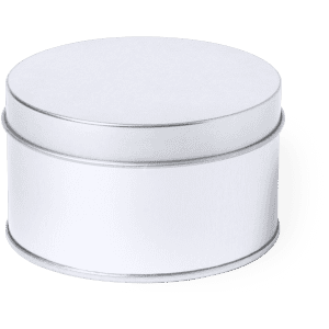 A round, silver-finished tin box with a smooth white exterior and a fitted lid.