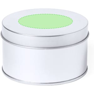 A silver tin container with a smooth, circular lid featuring a green dot in the centre. It has a simple design and branding.