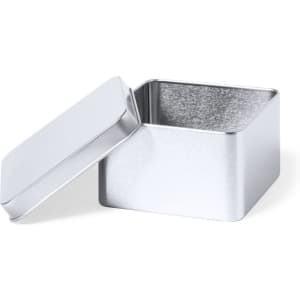A silver gift box with an open lid, featuring a sleek, metallic finish and square shape.