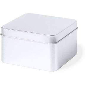 A silver gift box made of metal with a smooth, flat lid, suitable for various contents.