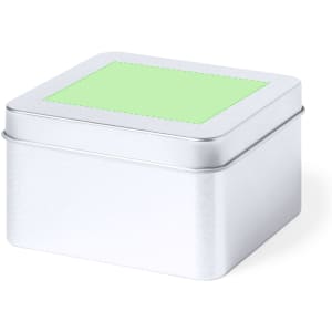 A silver gift box with a green lid, suitable for office and business gift sets. It features a branding logo.