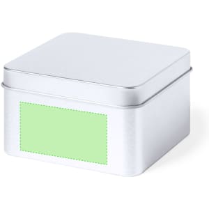 A silver metal gift box with a plain green label on the front.