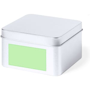 A silver tin box with a flat lid and a green label area. The box has a sleek, metallic finish.