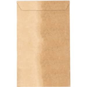 A brown paper bag with a flat top and a simple flap closure, featuring a logo on the surface.