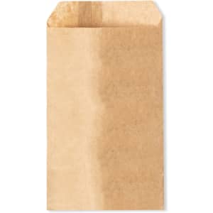 A plain brown paper bag with an open top, featuring a simple design.