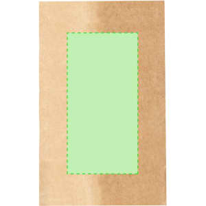 A brown paper bag with a green rectangular window. The bag features a logo at the top.