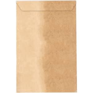 A plain brown paper bag with a flap at the top and a minimalist design. It features a branding logo.