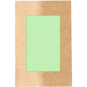 A brown paper bag featuring a rectangular cut-out section with a green background. The bag has a simple design and a logo.