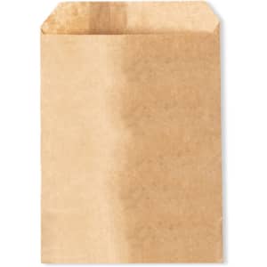 A brown paper bag with a flat base and an open top, featuring a simple design and a logo.