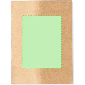 A brown paper bag featuring a green rectangular area and a logo on the front.