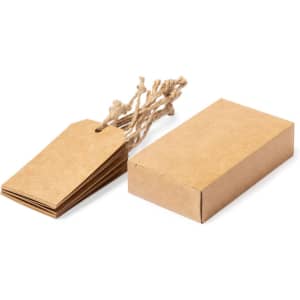 A set of brown gift hangtags tied with jute twine next to a matching rectangular cardboard box.