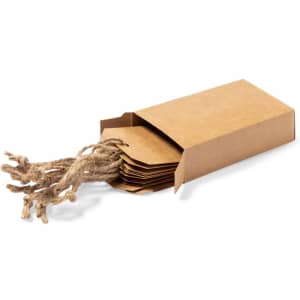 A set of brown gift hangtags with twine, neatly packaged in a cardboard box.