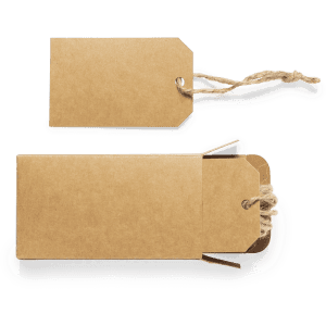A set of two brown kraft gift hangtags with twine, featuring one larger and one smaller tag, displayed on a white background.