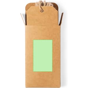 A brown cardboard box with a green tag attached, featuring a string for easy hanging.