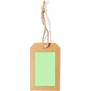 A kraft paper gift tag featuring a light green centre with string for attachment. It has a simple, rustic design.