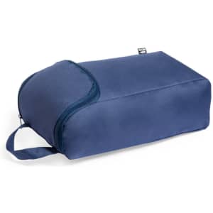 A navy blue shoe bag with a zip closure and a handle for easy carrying. It has branding on the side.