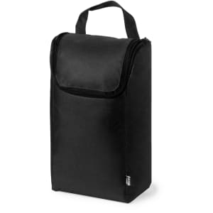 A black shoe bag with a zip closure and a handle on top, featuring a logo.