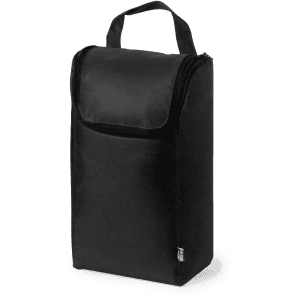 A black shoe bag with a top handle and zip closure, featuring a simple design and logo.