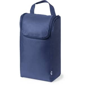 A navy blue shoe bag with a zip closure and handle. It features a front pocket and a logo.
