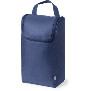 A navy shoe bag with a zip closure and a top handle, featuring a logo on the side.