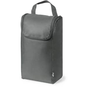 A grey shoe bag with a zip closure and a top handle, featuring a branded label on the side.