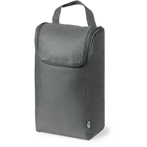 A grey shoe bag with a zippered closure and a sturdy handle, featuring a simple design and a logo.