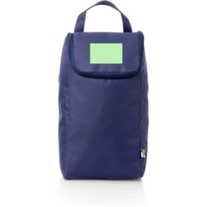 A navy blue shoe bag with a flap closure, featuring a handle on top and a blank area for branding.