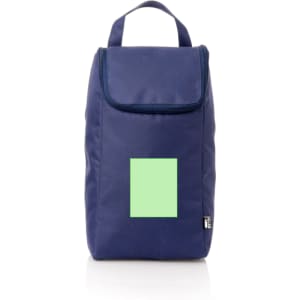 A navy blue shoe bag with a flap closure and a handle on top, featuring a blank area for branding.