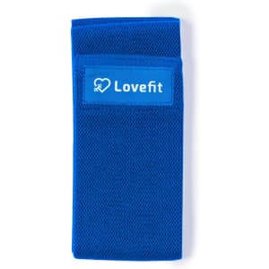 A blue exercise band with a branded patch, neatly folded and displayed on a white background.