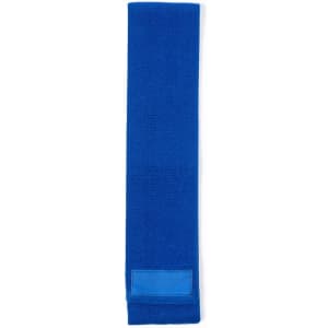 A blue exercise band with a textured surface and a section for attachment or grip. It features a logo.