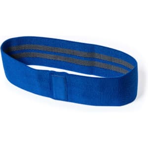 A blue exercise band with grey stripes, designed for fitness and sporting activities. It features a logo.