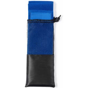A blue exercise band packaged in a black mesh pouch, featuring a drawstring closure.
