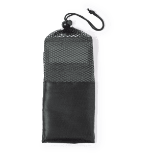 A black exercise band in a mesh storage bag with a drawstring closure. It features a logo on the bag.