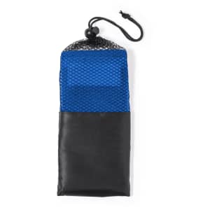 A black and blue exercise band in a mesh carrying pouch with a drawstring closure. The pouch is made of fabric.
