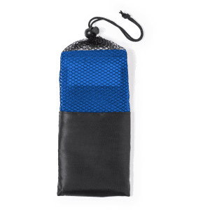 A blue and black exercise band in a mesh pouch, featuring a drawstring closure. The pouch is designed for storage.