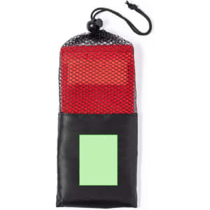 A red exercise band and storage bag with a black mesh top and a solid black bottom. It has a branding logo.