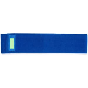 A blue exercise band with a section for branding. It is flat and made of a textured material.