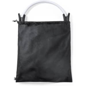 A black fabric bag with a white curved handle and black accents, featuring a drawstring closure.