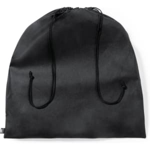 A black drawstring bag with a smooth finish and two adjustable cords for closure. Includes a logo.