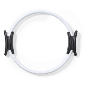 A white exercise ring with black grips, designed for leisure and outdoor activities. Features a simple circular design.