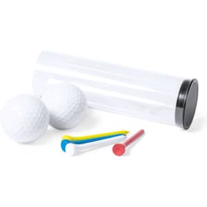 A clear tube containing two white golf balls, two tees in blue and yellow, and a red tee.