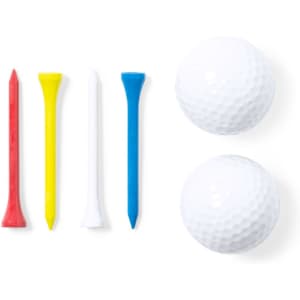 A set of two white golf balls and four golf tees in red, yellow, white, and blue, with a logo visible.