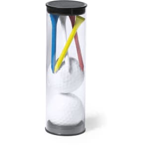 A clear tube containing three white golf balls and three coloured tees in blue, red, and yellow.