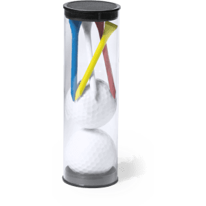 A transparent container holding two white golf balls and three coloured tees in blue, yellow, and red, with a black lid.